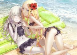 Rule 34 | 2girls, abigail williams (fate), all fours, ass, bandeau, bare shoulders, barefoot, beach, bikini, bikini skirt, black bikini, blonde hair, breasts, butterfly hair ornament, day, fate/grand order, fate (series), feet, flower, frilled bikini, frills, from side, hair flower, hair ornament, hibiscus, highres, holding hands, inflatable raft, interlocked fingers, lavinia whateley (fate), light purple hair, long hair, looking at viewer, lying, multiple girls, navel, on back, outdoors, pale skin, parted bangs, purple eyes, redjuice, small breasts, swimsuit, very long hair, wet, wide-eyed