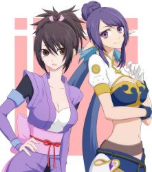 Rule 34 | 00s, 2girls, bad id, bad pixiv id, black hair, blue hair, breasts, brown eyes, cleavage, cleavage cutout, clothing cutout, crossover, fujibayashi sheena, gloves, hair bun, hand on own hip, highres, japanese clothes, judith (tales), large breasts, long hair, looking at viewer, medium breasts, midriff, multicolored hair, multiple girls, open mouth, pointy ears, purple eyes, purple hair, short hair, short ponytail, single hair bun, smile, tales of (series), tales of symphonia, tales of vesperia, tara (ffix589), twintails, two-tone hair, very long hair