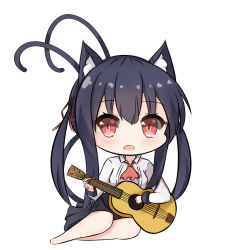 Rule 34 | 1girl, :d, animal ear fluff, animal ears, ascot, barefoot, black hair, black skirt, blush, breasts, cat ears, cat girl, cat tail, chibi, chisuzu mei, collared shirt, fangs, full body, guitar, hair between eyes, hair ribbon, highres, holding, holding instrument, instrument, long hair, long sleeves, looking at viewer, medium breasts, multiple tails, nagato-chan, open mouth, paryi project, pleated skirt, red ascot, red eyes, red ribbon, revision, ribbon, shirt, sidelocks, simple background, skirt, smile, solo, tail, tail raised, twintails, two tails, very long hair, virtual youtuber, white background, white shirt