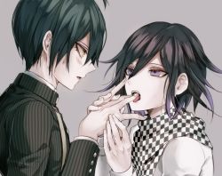 Rule 34 | 2boys, ahoge, black hair, black jacket, blush, checkered clothes, checkered floor, checkered neckwear, checkered scarf, commentary request, danganronpa (series), danganronpa v3: killing harmony, from side, grey background, jacket, licking, licking finger, long sleeves, looking at another, male focus, multiple boys, oma kokichi, open mouth, purple eyes, saihara shuichi, sakuyu, scarf, shirt, short hair, simple background, striped clothes, striped jacket, sweatdrop, teeth, tongue, tongue out, twitter username, upper body, upper teeth only, white jacket, yaoi