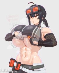 1girl abs absurdres aestheticc-meme bare_shoulders black_choker black_hair breasts choker clothes_lift crop_top gloves goggles goggles_on_head grace_howard highres huge_breasts navel pants red_eyes shiny_skin sports_bra sweat toned_female underboob very_sweaty zenless_zone_zero