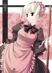 Rule 34 | 00s, 1girl, 2003, apron, black eyes, broom, english text, engrish text, fingernails, frilled apron, frills, highres, jian, juliet sleeves, long sleeves, maid, maid apron, maid headdress, pink apron, puffy sleeves, ranguage, silver hair, solo