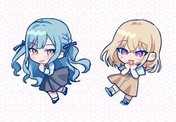 2girls absurdres bang_dream! bang_dream!_it&#039;s_mygo!!!!! baryumejuya black_ribbon black_shoes blonde_hair blue_hair blush brown_skirt chibi chibi_only closed_mouth commentary crossed_bangs grey_skirt hair_between_eyes hair_ribbon heart heart-shaped_pupils heart_background highres long_hair long_sleeves looking_at_viewer medium_hair misumi_uika multiple_girls open_mouth purple_eyes ribbon shirt shoes sidelocks skirt socks symbol-shaped_pupils togawa_sakiko white_shirt white_socks yellow_eyes