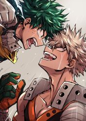 Rule 34 | 2boys, adam&#039;s apple, alternate eye color, angry, attack, bakugou katsuki, bandaged arm, bandages, black tank top, blonde hair, boku no hero academia, cape, chiyaya, clenched hand, collarbone, crying, crying with eyes open, detached sleeves, eye contact, face-to-face, fighting, flying teardrops, freckles, from side, furious, gloves, green eyes, green gloves, green hair, grey background, grey gloves, hair between eyes, hand up, head back, highres, looking at another, looking up, male focus, midair, midoriya izuku, multiple boys, official alternate costume, open mouth, orange eyes, orange gloves, pectoral cleavage, pectorals, profile, rain, short hair, simple background, single bare shoulder, sleeveless, smile, spiked hair, spoilers, tank top, tears, torn cape, torn clothes, two-tone gloves, upper body, v-neck, water drop, wet, wrist guards, yellow cape