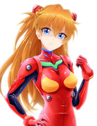 Rule 34 | 1girl, absurdres, blue eyes, bodysuit, breasts, brown hair, closed mouth, eva 16-gouki, eyes visible through hair, from side, hair between eyes, hair ornament, hand on own hip, highres, long hair, looking at viewer, medium breasts, neon genesis evangelion, pilot suit, plugsuit, red bodysuit, shiny clothes, simple background, skin tight, solo, souryuu asuka langley, standing, turtleneck