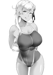 Rule 34 | 1girl, armpit peek, arms behind back, asymmetrical hair, bare shoulders, blush, breasts, bun cover, cleavage, closed mouth, collarbone, commentary request, competition swimsuit, covered navel, fate/grand order, fate (series), greyscale, hair between eyes, hair bun, hair ribbon, large breasts, licking lips, long hair, looking at viewer, miyamoto musashi (fate), miyamoto musashi (fate/grand order), miyamoto musashi (swimsuit berserker) (fate), miyamoto musashi (swimsuit berserker) (first ascension) (fate), monochrome, one-piece swimsuit, pursed lips, ribbon, side bun, sideboob, sidelocks, simple background, single side bun, soba (saz), solo, sweat, swept bangs, swimsuit, tan, thighs, tongue, tongue out
