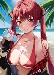 Rule 34 | 1girl, beach, bikini, blue sky, bottle, breasts, cloud, day, gold necklace, gold trim, heart, heart necklace, heterochromia, highres, holding, holding bottle, hololive, houshou marine, houshou marine (summer), jacket, jewelry, large breasts, lotion bottle, necklace, ocean, off shoulder, outdoors, red bikini, red eyes, red hair, red nails, sky, swimsuit, twintails, upper body, virtual youtuber, yoshinon (yoshinon kotori)