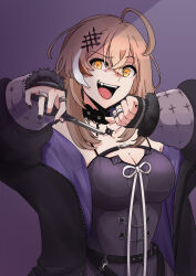 Rule 34 | 1girl, absurdres, ahoge, belt, black belt, black choker, black coat, black dress, black gloves, black jacket, breasts, brown hair, chest belt, choker, cleavage, coat, cosplay, dress, elbow gloves, fang, fur-trimmed coat, fur trim, gloves, hair between eyes, hair ornament, highres, holoadvent, holocouncil, hololive, hololive english, jacket, jewelry, lace, lace-trimmed choker, lace choker, lace trim, large breasts, long hair, looking at viewer, multicolored hair, nail polish, nanashi mumei, open clothes, open jacket, open mouth, purple background, ring, sayo0692, scissors, shiori novella, shiori novella (1st costume), shiori novella (cosplay), simple background, solo, streaked hair, striped clothes, striped gloves, virtual youtuber, yellow eyes