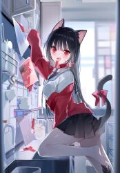 Rule 34 | 1girl, black hair, black sailor collar, black skirt, blue necktie, blush, bow, cat girl, cat tail, choker, hair ribbon, highres, indoors, long hair, looking at viewer, miwano rag, necktie, open mouth, original, pleated skirt, red bow, red choker, red eyes, red ribbon, red sweater, ribbon, sailor collar, skirt, solo, sweater, tail, tail bow, tail ornament
