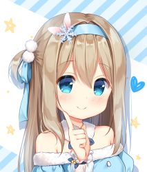Rule 34 | 1girl, blue dress, blue eyes, blue hairband, blue ribbon, blush, closed mouth, commentary request, dress, fur-trimmed dress, fur trim, girls&#039; frontline, hair between eyes, hair ornament, hair ribbon, hairband, hand up, heart, ikataruto, index finger raised, light brown hair, long hair, long sleeves, off-shoulder dress, off shoulder, official alternate costume, one side up, ribbon, see-through, see-through sleeves, smile, snowflake hair ornament, solo, star (symbol), suomi (girls&#039; frontline), suomi (korvatunturi pixie) (girls&#039; frontline)