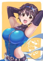 Rule 34 | &gt;:d, 10s, 1girl, :d, armpits, belt, black gloves, black hair, blush, breasts, brown eyes, cow, elbow gloves, gloves, hair between eyes, hairband, heart, heart belt, idolmaster, idolmaster cinderella girls, large breasts, looking at viewer, official style, oikawa shizuku, open mouth, orange background, short hair, smile, solo, sparkle, tareme, upper body, v-shaped eyebrows, youhei (testament), zipper
