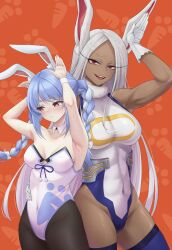 Rule 34 | 2girls, absurdres, animal ears, arms up, bad id, bad twitter id, bare shoulders, black pantyhose, blue hair, blush, boku no hero academia, bow, braid, breasts, carrot print, covered navel, crescent print, dark-skinned female, dark skin, food print, fur collar, gloves, hair bow, hair ornament, hand on another&#039;s waist, highleg, highleg leotard, highres, hololive, large breasts, leotard, long eyelashes, long hair, looking at viewer, looking to the side, medium breasts, mirko, multicolored hair, multiple girls, nekorone0222, pantyhose, parted lips, playboy bunny, pom pom (clothes), purple thighhighs, rabbit-shaped pupils, rabbit ears, rabbit girl, rabbit pose, raised eyebrow, red background, red eyes, side-by-side, strapless, strapless leotard, symbol-shaped pupils, taut leotard, teeth, thighhighs, thighs, toned, twin braids, two-tone hair, upper teeth only, usada pekora, usada pekora (1st costume), very long hair, virtual youtuber, white bow, white gloves, white hair, white leotard, wrist cuffs