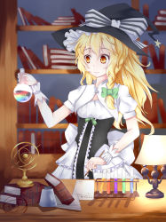 Rule 34 | 1girl, absurdres, blonde hair, book, bookshelf, bow, braid, curiosities of lotus asia, desk, detached collar, female focus, hat, hat bow, highres, holding, kirisame marisa, lamp, long hair, mero (ly21207), pen, puffy short sleeves, puffy sleeves, short sleeves, single braid, smile, solo, test tube, touhou, witch hat, writing