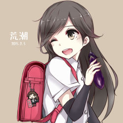 Rule 34 | 10s, 1girl, :d, arashio (kancolle), arm warmers, backpack, bag, blouse, brown eyes, brown hair, character name, colis (regunm772), collared shirt, dated, eggplant, kantai collection, long hair, one eye closed, open mouth, randoseru, school uniform, shirt, simple background, smile, solo, suspenders, upper body