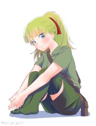 Rule 34 | 1girl, absurdres, animal, belt, blonde hair, blunt bangs, blush, brown belt, closed mouth, collared shirt, commentary, full body, girls und panzer, green shirt, green shorts, green thighhighs, hair ribbon, highres, hugging own legs, interlocked fingers, koala forest military uniform, leaning forward, long hair, looking at viewer, no shoes, own hands together, oze (xyz go go11), ponytail, pouch, red ribbon, ribbon, sam browne belt, shadow, shirt, short sleeves, shorts, simple background, sitting, smile, solo, thighhighs, wallaby (girls und panzer), white background