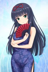 Rule 34 | 1girl, alternative girls, bare shoulders, blue background, blue dress, blunt bangs, blush, bow, breasts, china dress, chinese clothes, closed mouth, cowboy shot, dress, floral print, frown, green eyes, hair bow, hair ornament, hand fan, highres, holding, holding fan, long hair, looking at viewer, medium breasts, official art, red bow, simple background, tendou machi