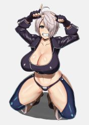 Rule 34 | 1girl, ahoge, angel (kof), breasts, chaps, cleavage, covered erect nipples, crotch cutout, curvy, grin, hair over one eye, handplug, huge breasts, kneeling, looking at viewer, navel, purple eyes, revealing clothes, short hair, silver hair, smile, solo, the king of fighters, thick thighs, thighs