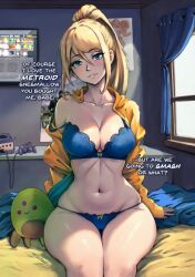 Rule 34 | 1girl, bedroom, blonde hair, blue bra, blue eyes, blue panties, bra, breasts, cameltoe, cleavage, cleft of venus, collarbone, commentary, controller, curtains, english commentary, english text, game console, game controller, gamecube, gamecube controller, high ponytail, highres, jacket, large breasts, legs together, long hair, metroid, miss faves, mole, mole under mouth, navel, nintendo, orange jacket, panties, parted lips, poster (object), samus aran, solo, stomach, strap slip, stuffed toy, super smash bros., underwear, wide hips, window
