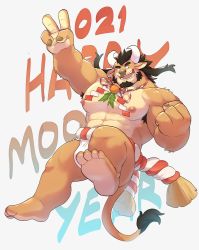 Rule 34 | 1boy, 2021, abs, absurdres, animal ears, armpit hair, bara, brown hair, bulge, chinese zodiac, convenient leg, cow ears, cow horns, cow tail, dogoronumber3, facial hair, full body, fundoshi, furry, furry male, goatee, happy new year, highres, horns, japanese clothes, jumping, large pectorals, loincloth, male focus, male underwear, medium hair, minotaur, muscular, muscular male, new year, nipples, orange fur, original, pectorals, sideburns, smile, solo, tail, thick thighs, thighs, underwear, underwear only, v, white male underwear, year of the ox