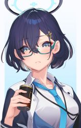 Rule 34 | 1girl, black hair, blue-framed eyewear, blue archive, blue eyes, blue necktie, can, canned coffee, chihiro (blue archive), commentary request, drink can, eyes visible through hair, frown, glasses, gradient background, hair between eyes, hair ornament, hairclip, halo, highres, hikichi sakuya, holding, holding can, jacket, long sleeves, looking at viewer, necktie, shirt, short hair, simple background, solo, upper body, white shirt