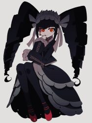 Rule 34 | 1girl, a (poipiku 325815), black dress, black hair, black nails, black pantyhose, bonnet, celestia ludenberg, claw ring, commentary request, covering own mouth, danganronpa: trigger happy havoc, danganronpa (series), dress, drill hair, earrings, frilled dress, frills, full body, gothic lolita, grey background, hand over own mouth, hand up, jewelry, layered skirt, lolita fashion, long hair, long sleeves, looking at viewer, nail polish, necktie, pale skin, pantyhose, red eyes, red footwear, red necktie, ribbon, shoes, simple background, sitting, skirt, smile, solo, twin drills, white ribbon