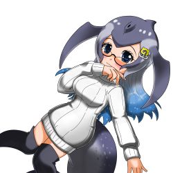 Rule 34 | 10s, 1girl, :3, absurdres, blue eyes, blue whale (kemono friends), boots, glasses, grey background, highres, hoyeechun, in water, kemono friends, multicolored hair, simple background, sweater, thigh boots, thighhighs, water, whale tail (clothing), white background