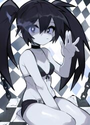 Rule 34 | 1girl, absurdres, belt buckle, between legs, bikini, bikini top only, black choker, black hair, black rock shooter, black rock shooter (character), black shorts, blue eyes, blue fire, buckle, chain, chessboard, choker, fire, flaming eye, glowing, glowing eye, grizzace, hair between eyes, hand between legs, hand up, highres, long hair, looking at viewer, pale skin, pointy ears, seiza, shorts, sitting, solo, stitches, swimsuit, twintails, uneven twintails