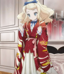 Rule 34 | 1girl, alice blanche, blonde hair, blue eyes, candle, highres, ikoku meiro no croisee, japanese clothes, kimono, screencap, solo, stitched, third-party edit