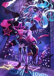 Rule 34 | 1girl, aerial fireworks, bare shoulders, belt, bikini, bikini top only, black jacket, black mask, black skirt, black thighhighs, blue eyes, blue hair, breasts, building, cable, collar, covered mouth, cross-laced clothes, cross-laced footwear, cross-laced top, digital stars miku, digital stars miku (2022), dual wielding, dutch angle, fake horns, fireworks, floating hair, full body, hair ribbon, hand up, hatsune miku, hatsune miku expo, highres, holding, horns, jacket, long hair, long sleeves, mask, megaphone, microphone, microphone stand, miniskirt, mouth mask, neon lights, night, night sky, off shoulder, outstretched arm, pleated skirt, pointy ears, railing, ribbon, shoes, sideboob, skirt, skirt set, sky, skyscraper, small breasts, solo, spiked collar, spikes, standing, star (symbol), swimsuit, theazureciel, thighhighs, toned, torn clothes, torn ribbon, torn thighhighs, twintails, very long hair, vocaloid, zettai ryouiki