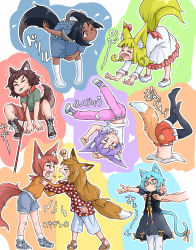 Rule 34 | &gt; &lt;, &gt; o, 6+girls, = =, absurdres, all fours, angry, animal ears, animal hands, bandaid, bandaid on knee, bandaid on leg, bell, belt collar, blue dress, blue footwear, blue hair, blue legwear, blue shorts, blush, bow, brown hair, cat ears, cat paws, cat stretch, cat tail, child, closed mouth, collar, colorful, commentary request, dark-skinned female, dark skin, dog ears, dog girl, dog tail, doitsuken, dress, drying, ear ribbon, fang, fangs, fox girl, frilled dress, frills, glasses, green shirt, highres, jingle bell, leash, leash pull, lifting person, long hair, long sleeves, longcat (meme), looking at viewer, looking away, meme, multiple girls, navel, no shoes, no socks, one eye closed, orange eyes, orange shirt, outstretched arms, pants, pantyhose, parted lips, pink pants, pulling, red eyes, red hair, red ribbon, red shorts, ribbon, sandals, shaking, sharp teeth, shirt, shoes, short eyebrows, short hair, short sleeves, shorts, shouting, slit pupils, socks, squatting, standing, standing on one leg, stretching, stuck, tail, tail bell, tail ornament, tail ribbon, tears, teeth, thick eyebrows, translation request, upside-down, white dress, white legwear, yawning