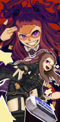 1girl absurdres artist_request black_coat black_gloves blush brown_hair chest_jewel clenched_hands clenched_teeth coat collared_coat crazy_eyes cross evil_grin evil_smile eyelashes facing_viewer fang female_focus finger_gun finger_gun_to_head fingerless_gloves flat_chest floating_hair forehead garter_straps gloves grin highres huge_filesize idolmaster idolmaster_cinderella_girls koseki_reina leather long_hair long_sleeves looking_at_viewer multiple_views nail_polish namco neck neckerchief official_alternate_hairstyle open_clothes open_coat outstretched_arms parted_lips purple_eyes purple_nails red_background short_bangs short_shorts shorts sidelocks smile standing teeth thighhighs thighs twintails upper_body v-shaped_eyebrows