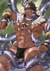 Rule 34 | 1boy, abs, arm tattoo, bara, beard, bellsaltr, brown hair, bulge, dark-skinned male, dark skin, facial hair, headband, highres, jewelry, large pectorals, long sideburns, male focus, muscular, navel, necklace, nipples, pectorals, pointy ears, revealing clothes, sideburns, solo, spiked hair, stomach tattoo, tangaroa (housamo), tattoo, tentacle sex, tentacles, tentacles on male, thick thighs, thighs, tokyo houkago summoners, toned, toned male, topless male, upper body, white hair, yellow eyes
