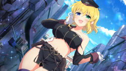 Rule 34 | 1girl, :d, black hat, black skirt, blonde hair, blue eyes, blue sky, blush, breasts, cleavage, cloud, cowboy shot, day, dutch angle, game cg, gloves, green eyes, hat, heterochromia, highres, large breasts, midriff, mini hat, miniskirt, navel, open mouth, outdoors, pencil skirt, purple legwear, ryouna (senran kagura), senran kagura, senran kagura new link, shiny skin, short hair, skirt, sky, smile, solo, sparkle, standing, stomach, torn clothes, torn skirt, white gloves