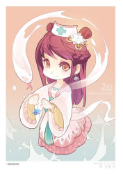 Rule 34 | 1girl, :3, blush, border, brown background, brown eyes, brown hair, character name, chibi, chinese clothes, chinese zodiac, closed mouth, commentary request, dated, dress, earrings, flower, full body, gem, gradient background, hair flower, hair ornament, hat, jewelry, long hair, looking at viewer, nurse cap, poring, ragnarok online, smile, snake, solo, stats, tennohi, white border, white dress, white flower, white lady (ragnarok online), white snake, wide sleeves, year of the snake