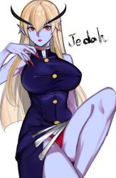 Rule 34 | 1girl, bare arms, bare shoulders, blonde hair, blue dress, blue skin, character name, colored skin, covered erect nipples, dress, fingernails, genderswap, genderswap (mtf), highres, jedah dohma, knee up, lipstick, long eyebrows, long fingernails, long hair, looking at viewer, makeup, midnight bliss, panties, pantyshot, parted lips, pointy ears, red eyes, red lips, red panties, sharp fingernails, simple background, solo, standing, standing on one leg, tetsu (kimuchi), underwear, vampire (game), white background