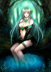Rule 34 | 1girl, bad id, bad pixiv id, between legs, breasts, cleavage, elbow gloves, forest, gloves, grey hair, hair ornament, hairband, hand between legs, jewelry, legband, long hair, medium breasts, midriff, nature, navel, necklace, original, pointy ears, ripples, sasaki ryou, sitting, soaking feet, solo, thigh strap, tree, water, yellow eyes