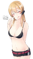 Rule 34 | 10s, 1girl, 2015, adapted costume, arm behind back, artist name, bad id, bad pixiv id, belt, bikini, bikini top only, black bikini, blonde hair, blush, breasts, cleavage, collarbone, cowboy shot, dated, facing viewer, glasses, gloves, kantai collection, long hair, medium breasts, military, military uniform, navel, nekobaka, no headwear, no headwear, open mouth, prinz eugen (kancolle), short shorts, shorts, signature, simple background, smile, solo, swimsuit, twintails, uniform, white background, white gloves