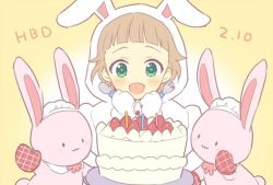 Rule 34 | 10s, 1boy, :3, animal hood, birthday, birthday cake, blush, brown hair, cake, candle, dated, food, fork, fruit, green eyes, happy birthday, himeno kanon, hood, idolmaster, idolmaster side-m, male focus, md5 mismatch, mittens, mo (nmnme), open mouth, rabbit hood, resized, short hair, smile, solo, spoon, strawberry, stuffed animal, stuffed rabbit, stuffed toy