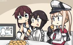Rule 34 | 3girls, black gloves, black hair, blonde hair, blue eyes, braid, breasts, brown hair, capelet, celtic knot, commentary request, cowboy shot, cream puff, cross, dated, food, gloves, graf zeppelin (kancolle), green eyes, grey eyes, hair between eyes, hamu koutarou, hat, hayasui (kancolle), highres, iron cross, jacket, kantai collection, large breasts, long hair, midriff, military hat, multiple girls, necktie, noshiro (kancolle), one-hour drawing challenge, peaked cap, pleated skirt, red skirt, school uniform, serafuku, short hair, sidelocks, skirt, sleeveless, swept bangs, table, television, track jacket, twin braids, twintails, upper body, white gloves, white jacket
