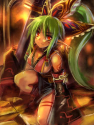 Rule 34 | 1girl, bare shoulders, boots, breasts, cleavage, detached sleeves, earrings, edobox, facial mark, green hair, jewelry, large breasts, long hair, original, pointy ears, ponytail, sideboob, sidelocks, smile, solo, squatting, sword, tattoo, weapon, yellow eyes