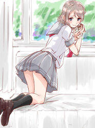 1girl blue_eyes blush brown_footwear brown_hair highres looking_at_viewer love_live! love_live!_sunshine!! ryxxxxx school_uniform serafuku shoes short_hair simple_background smile socks thighs watanabe_you