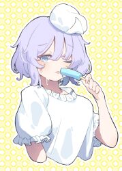 Rule 34 | 1girl, blue eyes, border, breasts, collar, food, frilled collar, frilled sleeves, frills, garasuno, hand up, hat, highres, holding, holding food, holding ice cream, ice cream, letty whiterock, light purple hair, medium breasts, melting, nail polish, pink nails, puffy short sleeves, puffy sleeves, shirt, short hair, short sleeves, solo, sweat, sweatdrop, tongue, tongue out, touhou, upper body, white border, white shirt, yellow background