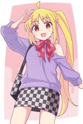 Rule 34 | 1girl, :d, ahoge, arm up, bag, bare shoulders, blonde hair, bocchi the rock!, bow, braid, checkered clothes, checkered skirt, clothing cutout, e20, highres, ijichi nijika, long hair, long sleeves, looking at viewer, open mouth, outside border, parted bangs, puffy long sleeves, puffy sleeves, purple shirt, red bow, red eyes, shirt, shoulder bag, shoulder cutout, side ponytail, skirt, smile, solo, very long hair