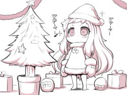 Rule 34 | 10s, 1girl, abyssal ship, box, christmas, comic, covered mouth, gift, gift box, hat, kantai collection, long hair, looking at viewer, mittens, monochrome, northern ocean princess, omuraisu echizen, santa hat, solo, translation request