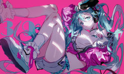 Rule 34 | 1girl, 39, alternate costume, arm over head, bag, bare legs, belt, blue eyes, blue hair, blue nails, breasts, closed mouth, crop top, curly hair, eyelashes, fingernails, floating hair, full body, grey shorts, hair between eyes, handbag, happy, hatsune miku, headset, high collar, highres, hitokoto, jacket, knees together feet apart, large breasts, leg up, light, long hair, looking at viewer, midriff, nail polish, number tattoo, open clothes, open jacket, partially unzipped, pink background, pink jacket, shaded face, shirt, shoes, shorts, simple background, sitting, smile, sneakers, socks, solo, tattoo, thighs, very long hair, vocaloid, white footwear, white shirt, white socks