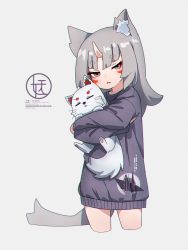 Rule 34 | 1girl, animal, animal ear fluff, animal ears, blush, closed eyes, commentary request, cropped legs, facial mark, grey background, grey eyes, grey hair, highres, horns, hug, komainu, kuro kosyou, long hair, long sleeves, looking at viewer, original, parted lips, purple shirt, shirt, short eyebrows, simple background, single horn, solo, tail, thick eyebrows