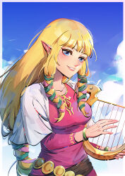Rule 34 | 1girl, absurdres, blonde hair, blue eyes, blue sky, blunt bangs, braid, braided ponytail, breasts, cloud, collarbone, commentary request, dress, green eyes, hair ribbon, harp, highres, holding, holding instrument, instrument, long hair, low ponytail, medium breasts, momoju163, music, nintendo, parted lips, pink dress, playing instrument, pointy ears, princess zelda, ribbon, sky, smile, solo, the legend of zelda, the legend of zelda: skyward sword, tress ribbon, upper body