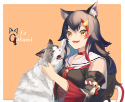 Rule 34 | 1girl, animal, animal ear fluff, animal ears, black hair, blue eyes, brown eyes, cat, character name, claws, detached sleeves, fangs, holding, holding animal, hololive, issun boushi (taku37taku), long hair, multicolored hair, ookami mio, ookami mio (1st costume), open mouth, orange background, red hair, solo, streaked hair, virtual youtuber, wolf ears, wolf girl