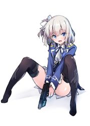 Rule 34 | 1girl, :d, ass, black thighhighs, blue eyes, blue jacket, blue ribbon, blush, bow, character request, collared shirt, commentary request, fang, full body, grey hair, grey skirt, gun, hair between eyes, hair bow, handgun, hayakawa harui, head tilt, highres, holding, holding gun, holding weapon, jacket, long hair, neck ribbon, no shoes, one side up, open clothes, open jacket, open mouth, pistol, pleated skirt, ribbon, shiny skin, shirt, sitting, skirt, smile, solo, thighhighs, two-handed, valkyrie impulse, weapon, white background, white bow, white shirt
