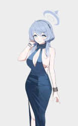Rule 34 | 1girl, ako (blue archive), ako (dress) (blue archive), aremen, black hairband, blue archive, blue dress, blue eyes, blue hair, blue halo, blush, breasts, cleavage, closed mouth, cuffs, dress, feet out of frame, grey background, hair between eyes, hairband, halo, handcuffs, highres, large breasts, long hair, official alternate costume, sideboob, simple background, sleeveless, sleeveless dress, smile, solo